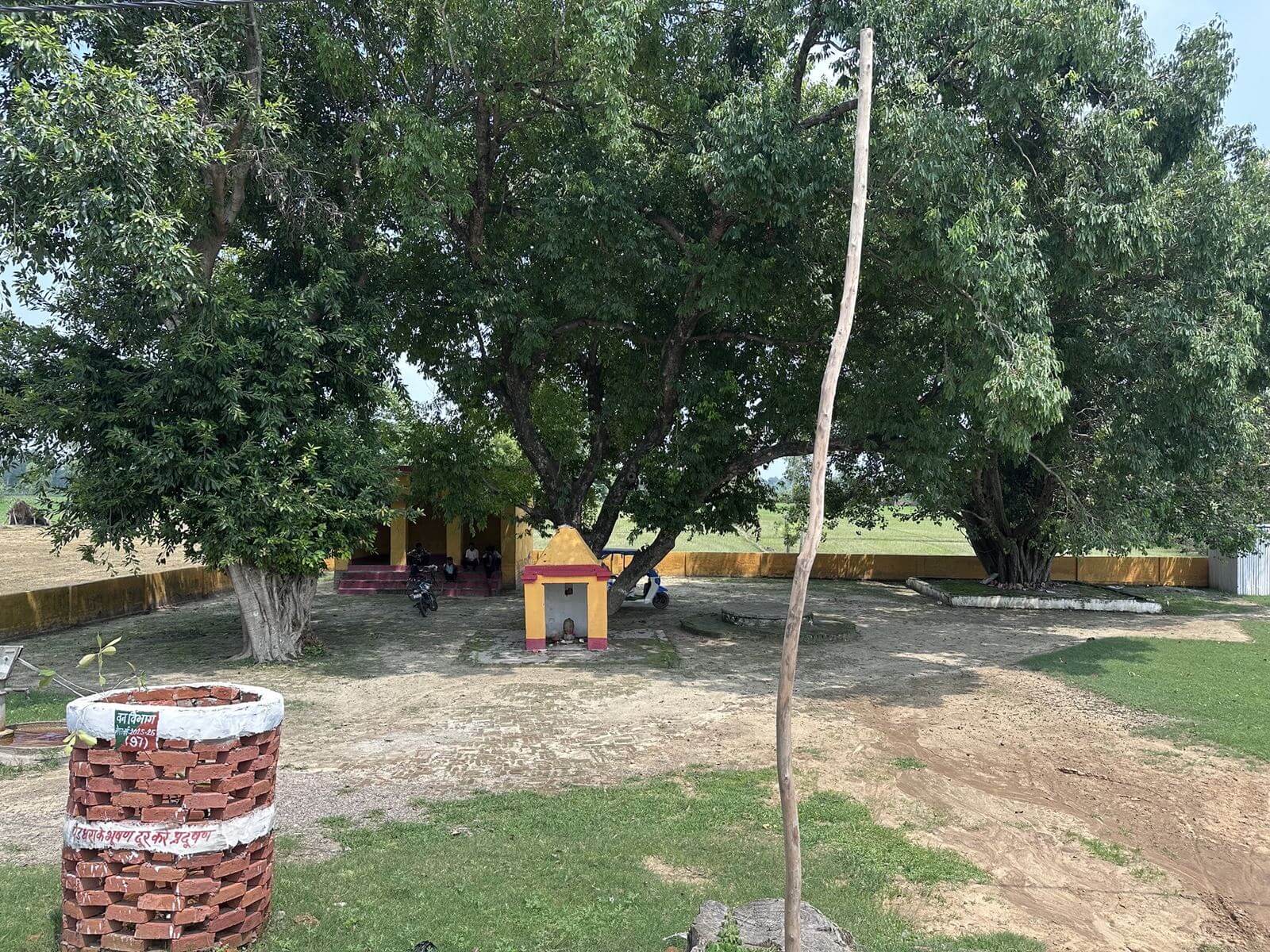 Small yellow shrine under trees near the temple grounds